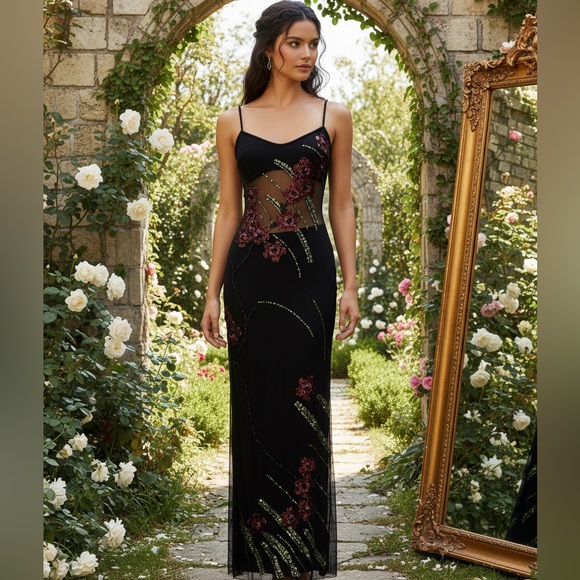 Black hand beaded designer Floral Evening Slip Dress - Picture 10 of 11